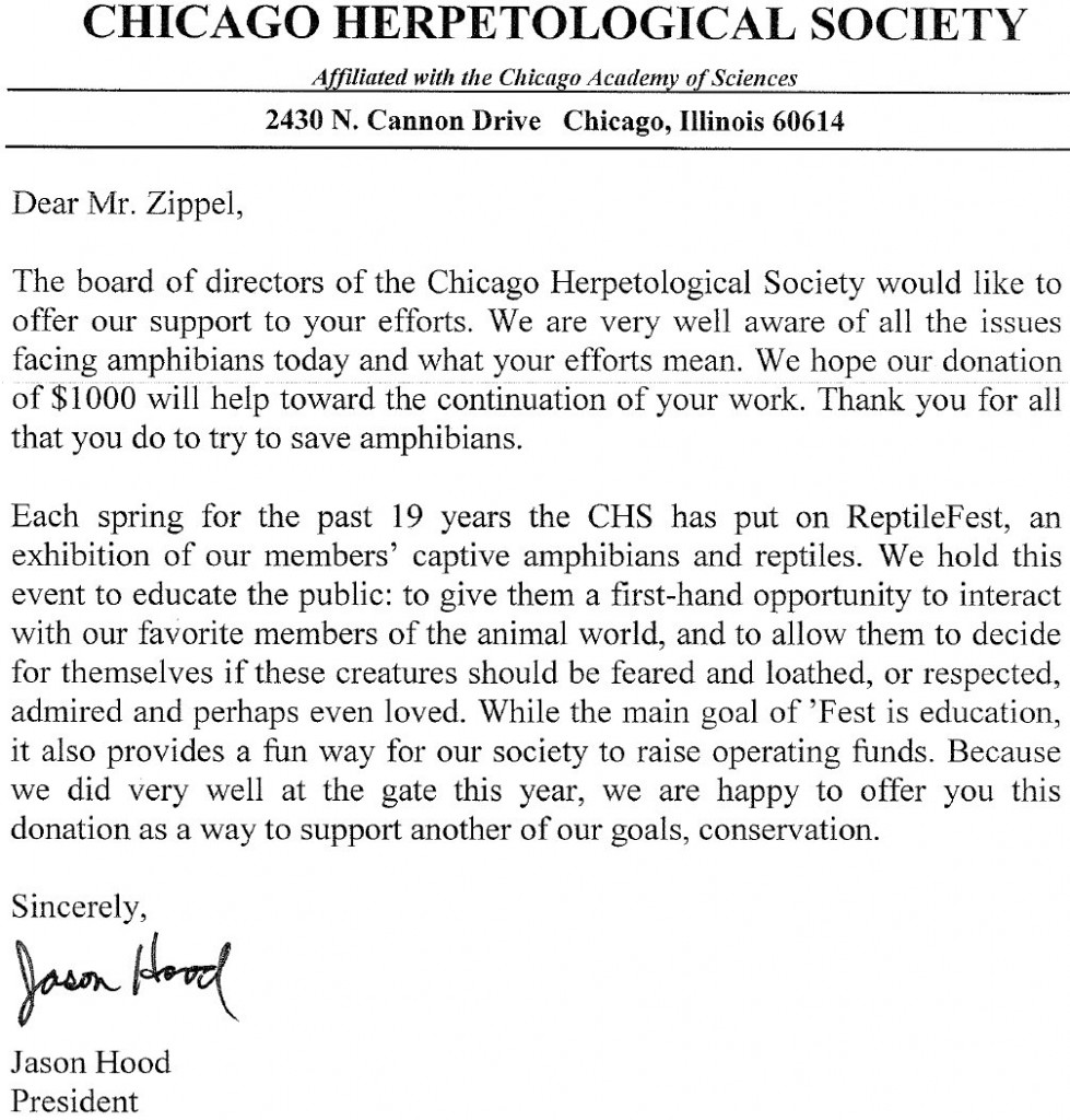 Chicago Herpetological Society's donation